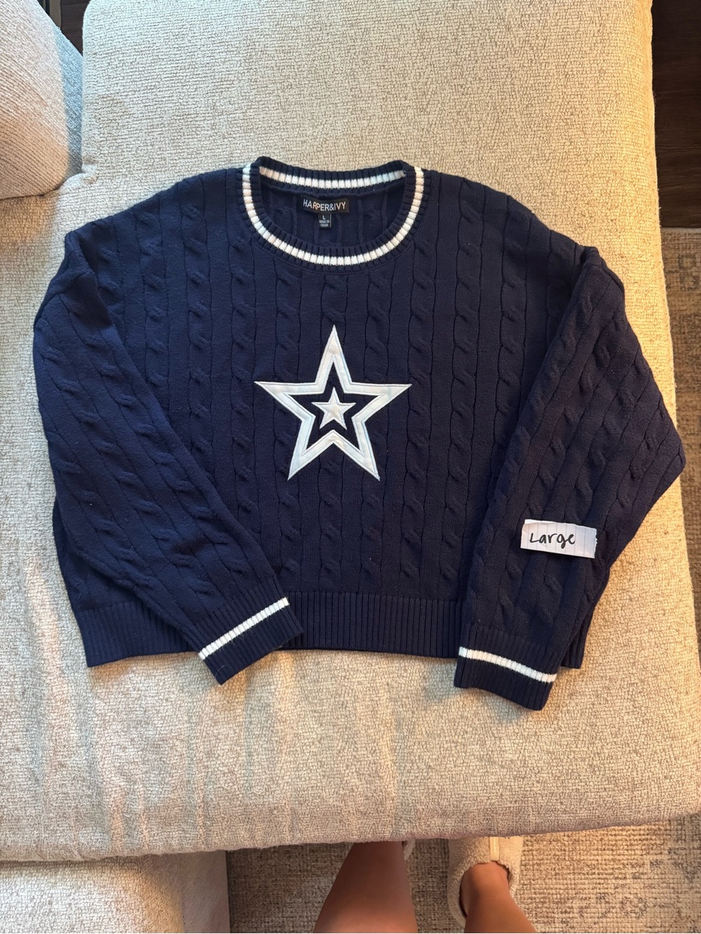 Harper Navy Cable-Knit Crew Sweater with White Star Applique
